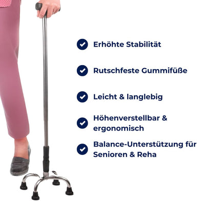 StabiGang 4-beiniger Gehstock aus Edelstahl | Erhöhte Stabilität - Balance Unterstützung - Höhenverstellbar - Rutschfest & Langlebig